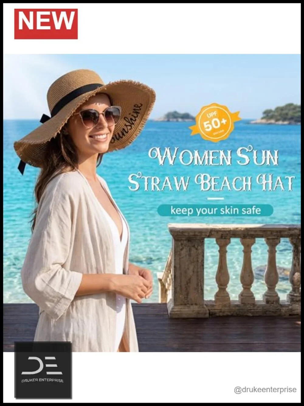 UPF 50+ Wide Brim Sun Hat - Packable Paper Straw Beach Hat